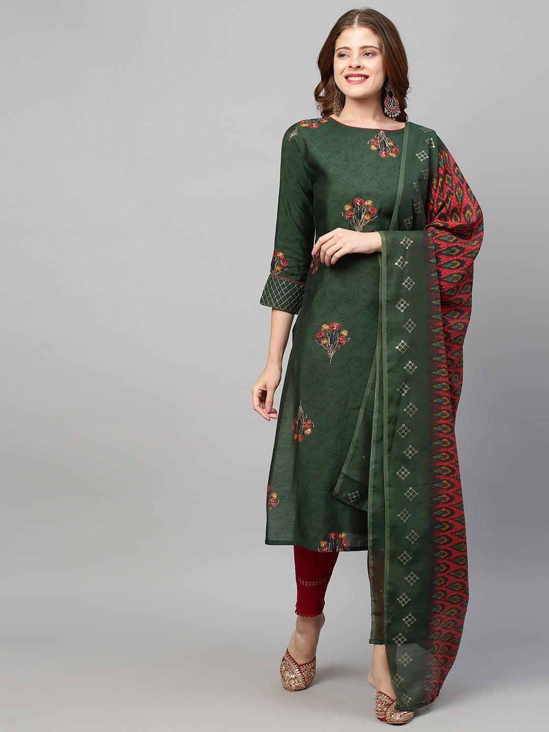 Floral Printed Straight Fit Kurta with Dupatta - Dark Green - Indiakreations