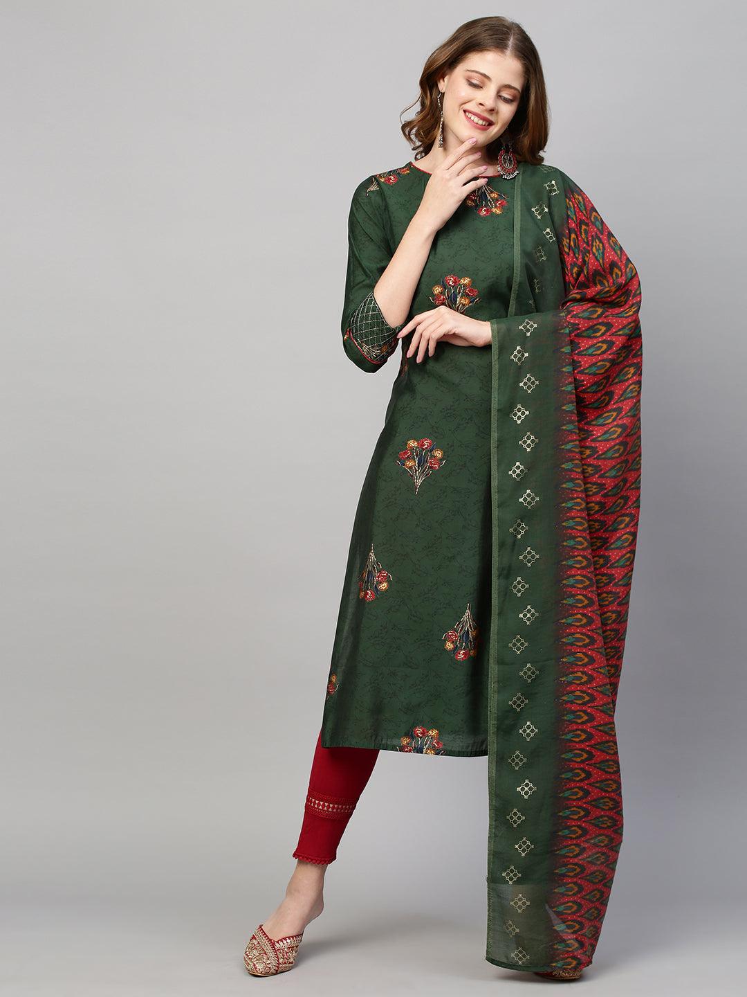 Floral Printed Straight Fit Kurta with Dupatta - Dark Green - Indiakreations