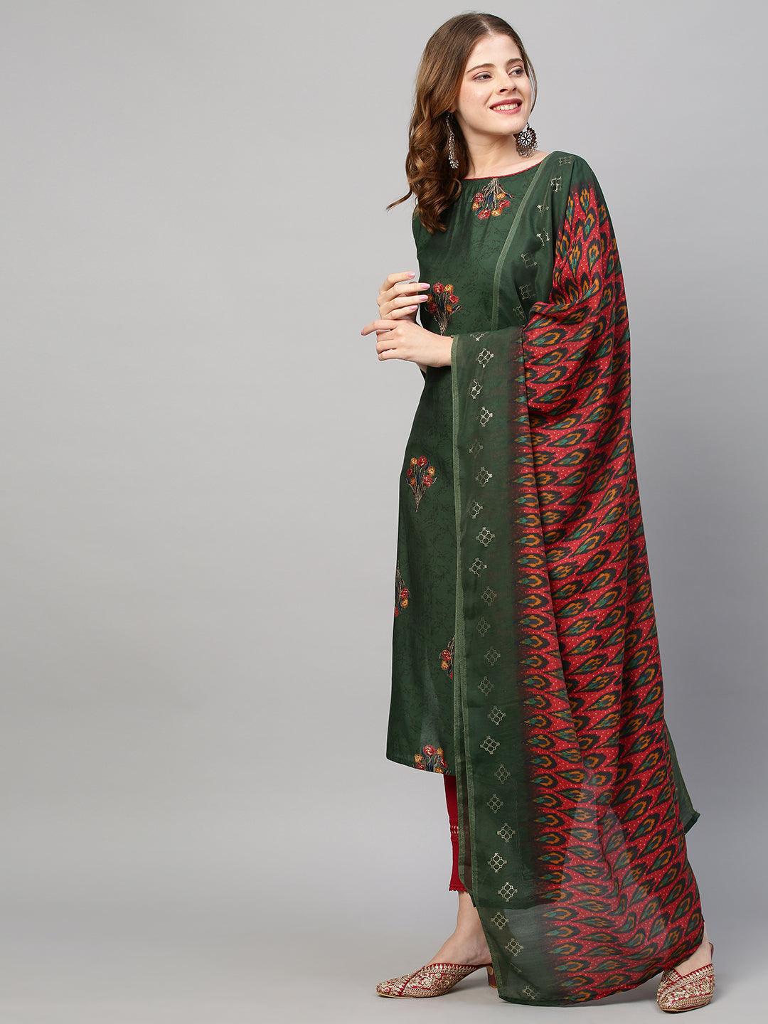 Floral Printed Straight Fit Kurta with Dupatta - Dark Green - Indiakreations