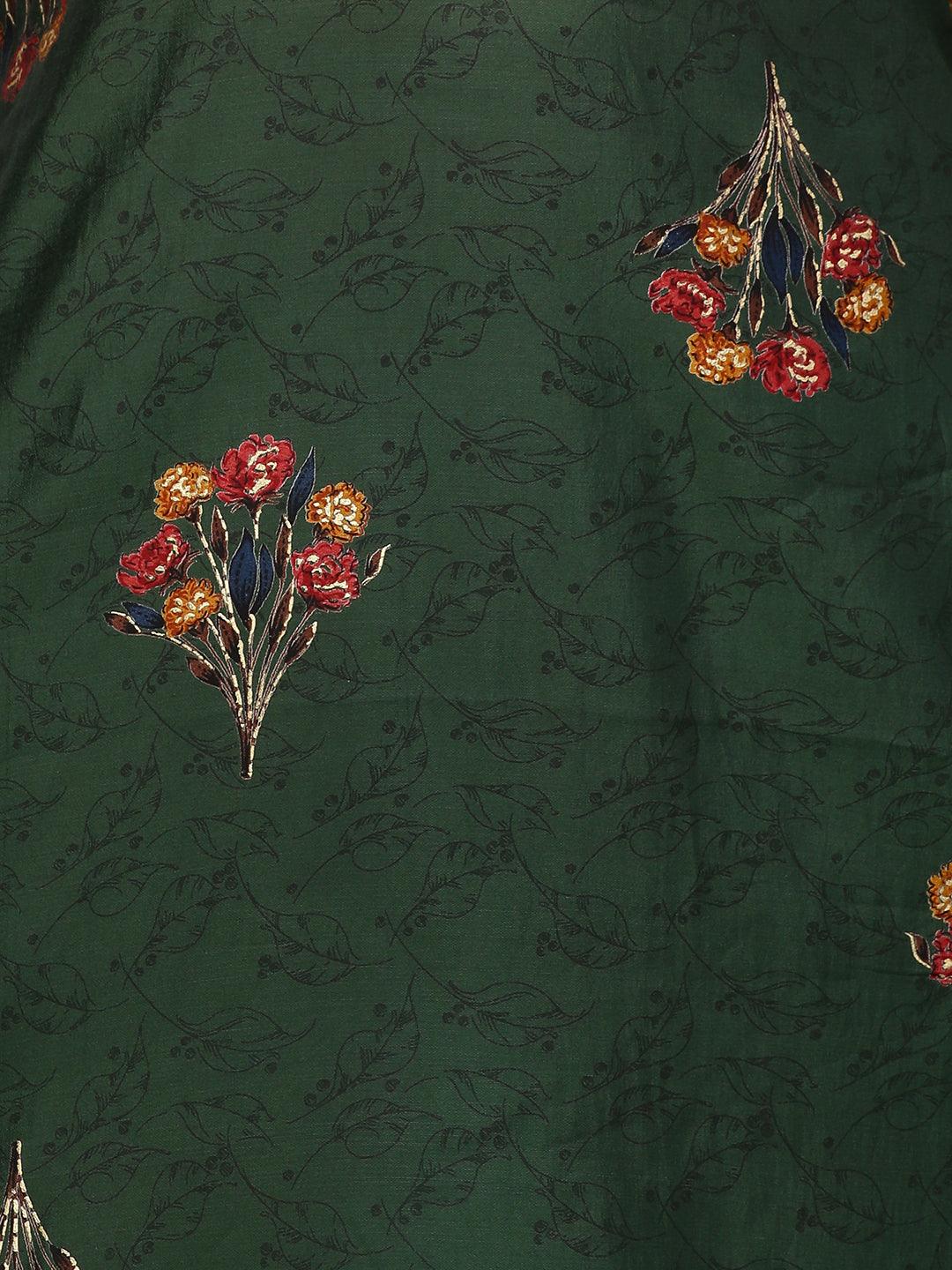 Floral Printed Straight Fit Kurta with Dupatta - Dark Green - Indiakreations