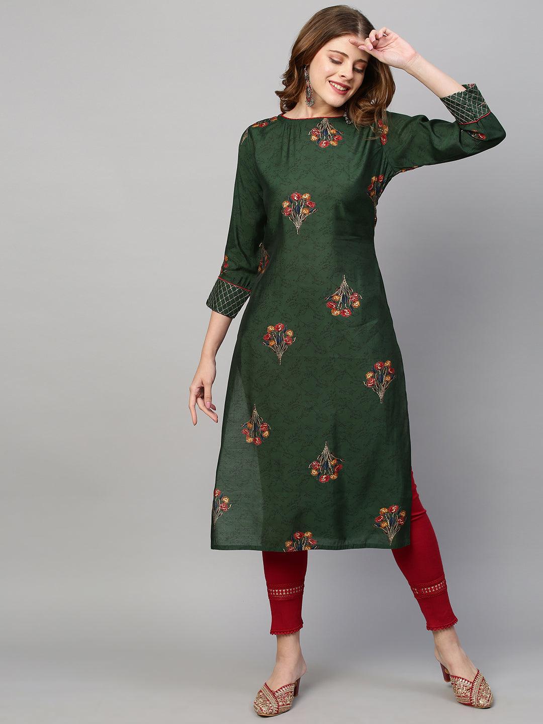 Floral Printed Straight Fit Kurta with Dupatta - Dark Green - Indiakreations