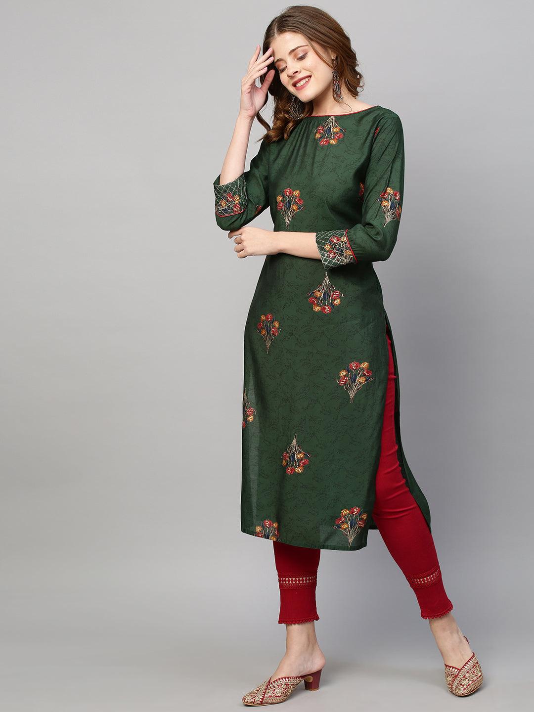 Floral Printed Straight Fit Kurta with Dupatta - Dark Green - Indiakreations