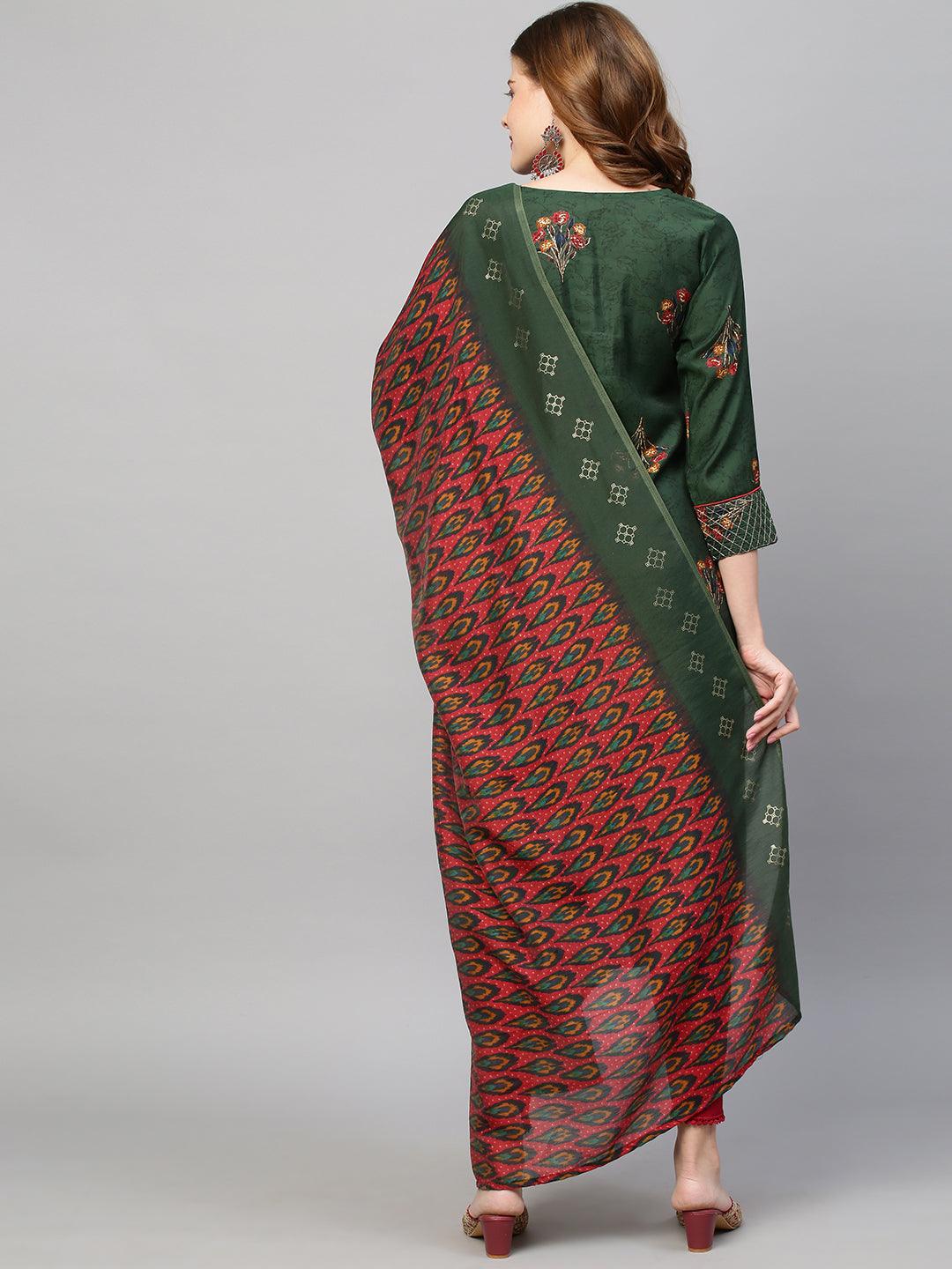 Floral Printed Straight Fit Kurta with Dupatta - Dark Green - Indiakreations