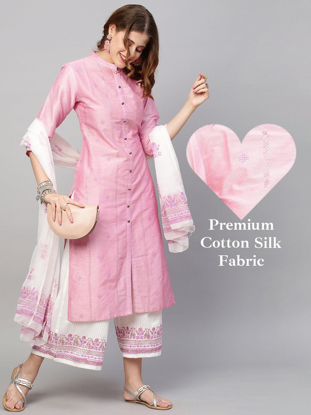 Sequin Embroidered Straight Kurta with Pants and Dupatta - Pink - Indiakreations