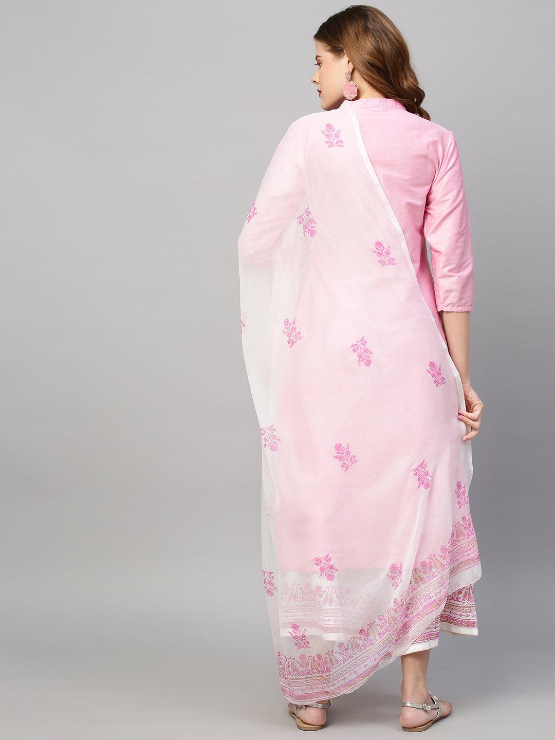 Sequin Embroidered Straight Kurta with Pants and Dupatta - Pink - Indiakreations