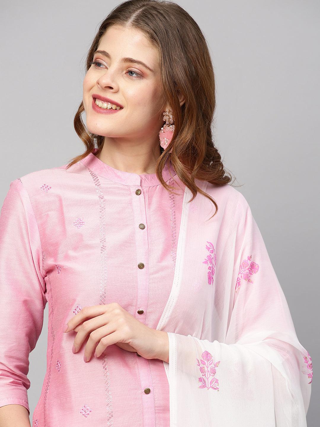 Sequin Embroidered Straight Kurta with Pants and Dupatta - Pink - Indiakreations