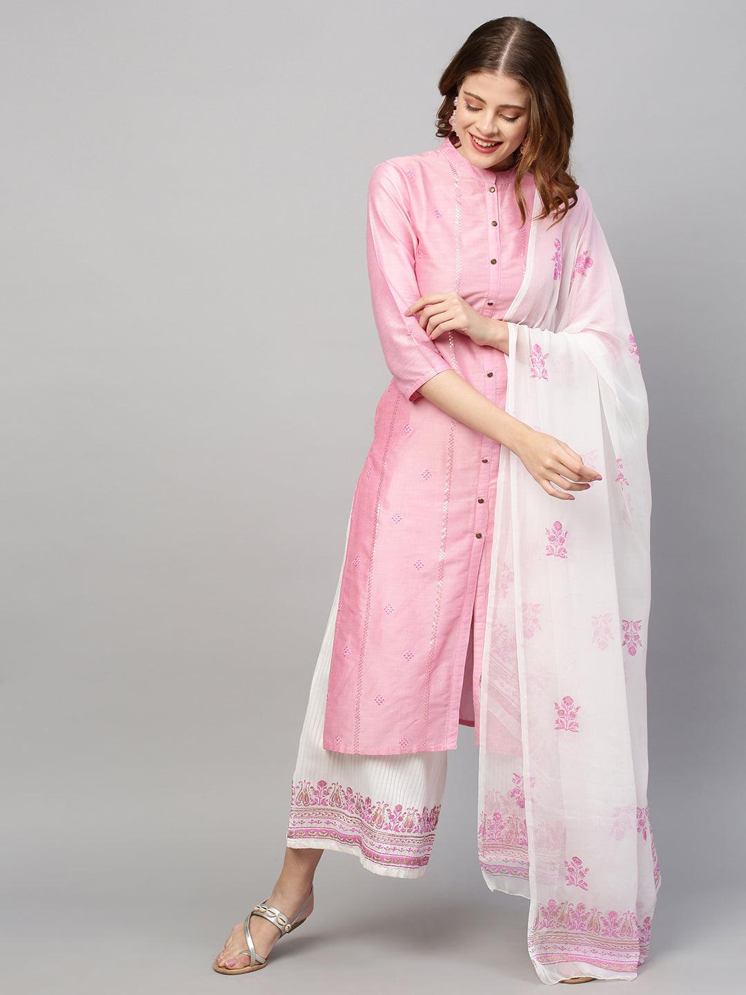 Sequin Embroidered Straight Kurta with Pants and Dupatta - Pink - Indiakreations