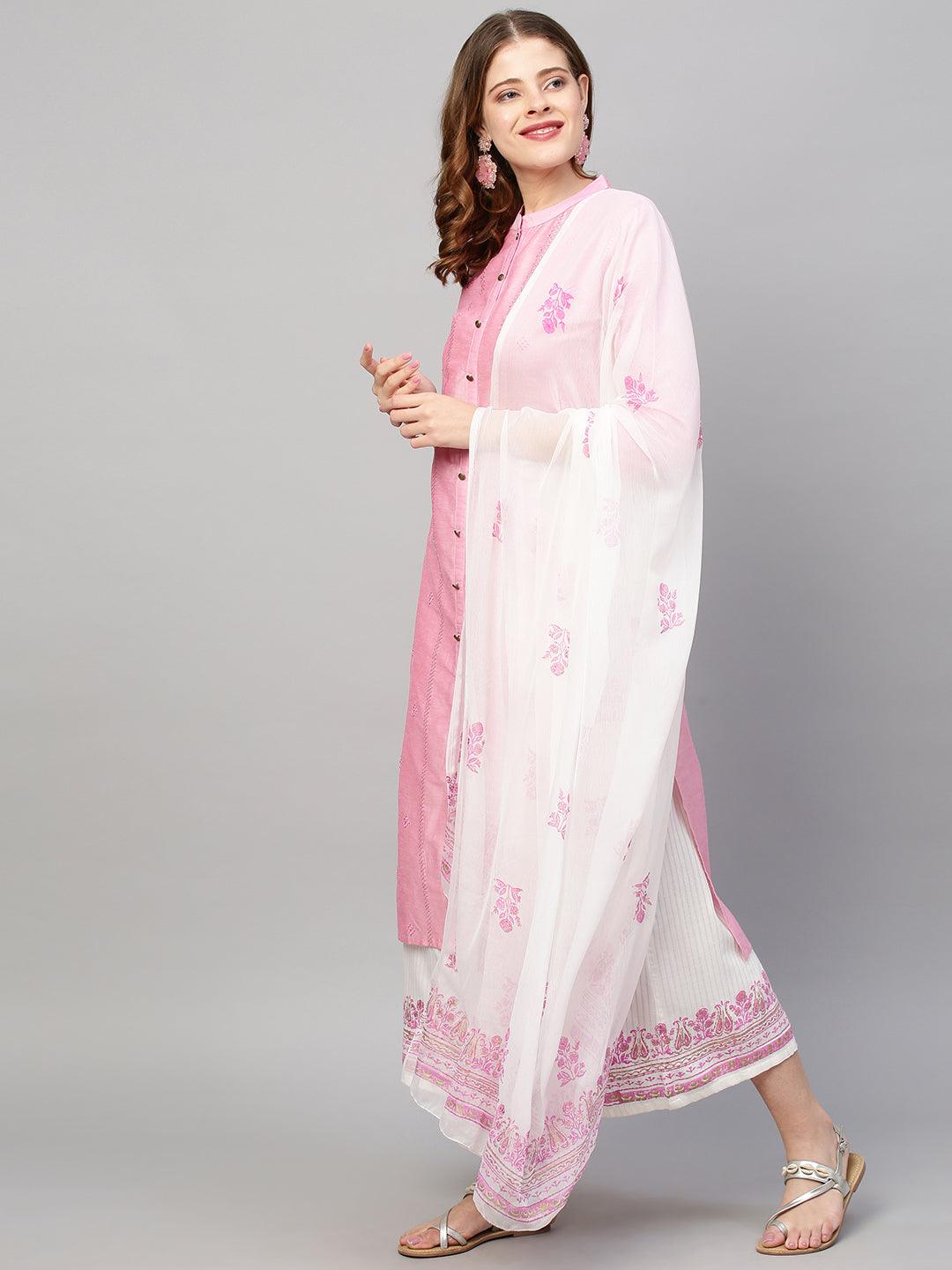 Sequin Embroidered Straight Kurta with Pants and Dupatta - Pink - Indiakreations