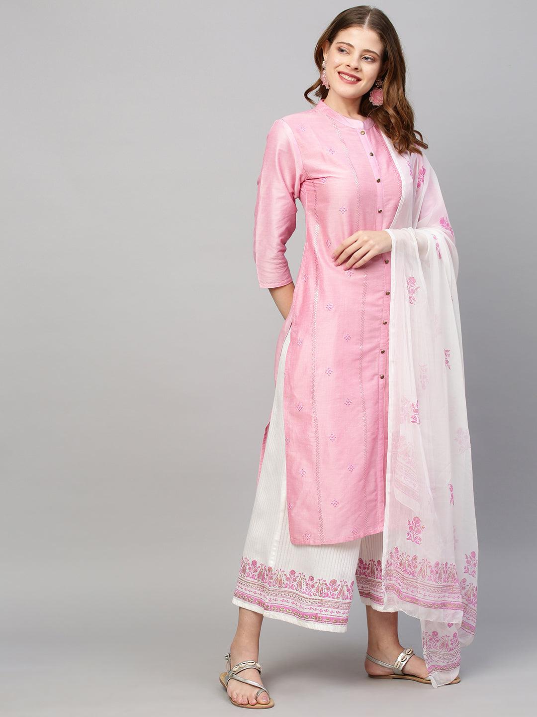 Sequin Embroidered Straight Kurta with Pants and Dupatta - Pink - Indiakreations