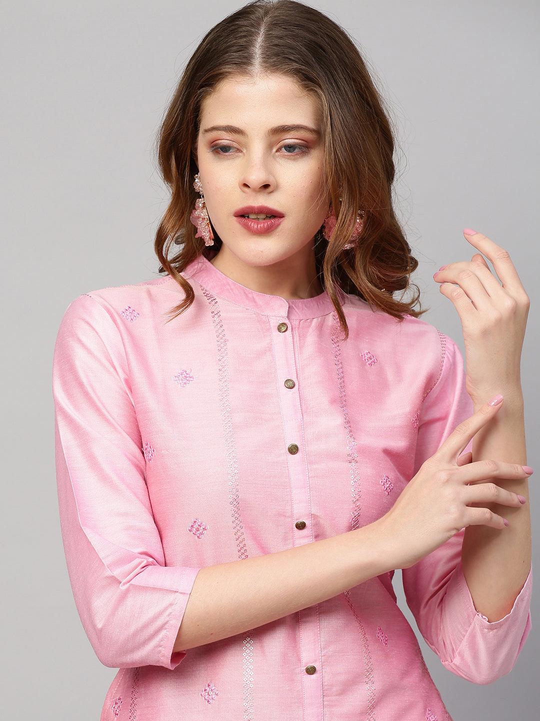 Sequin Embroidered Straight Kurta with Pants and Dupatta - Pink - Indiakreations