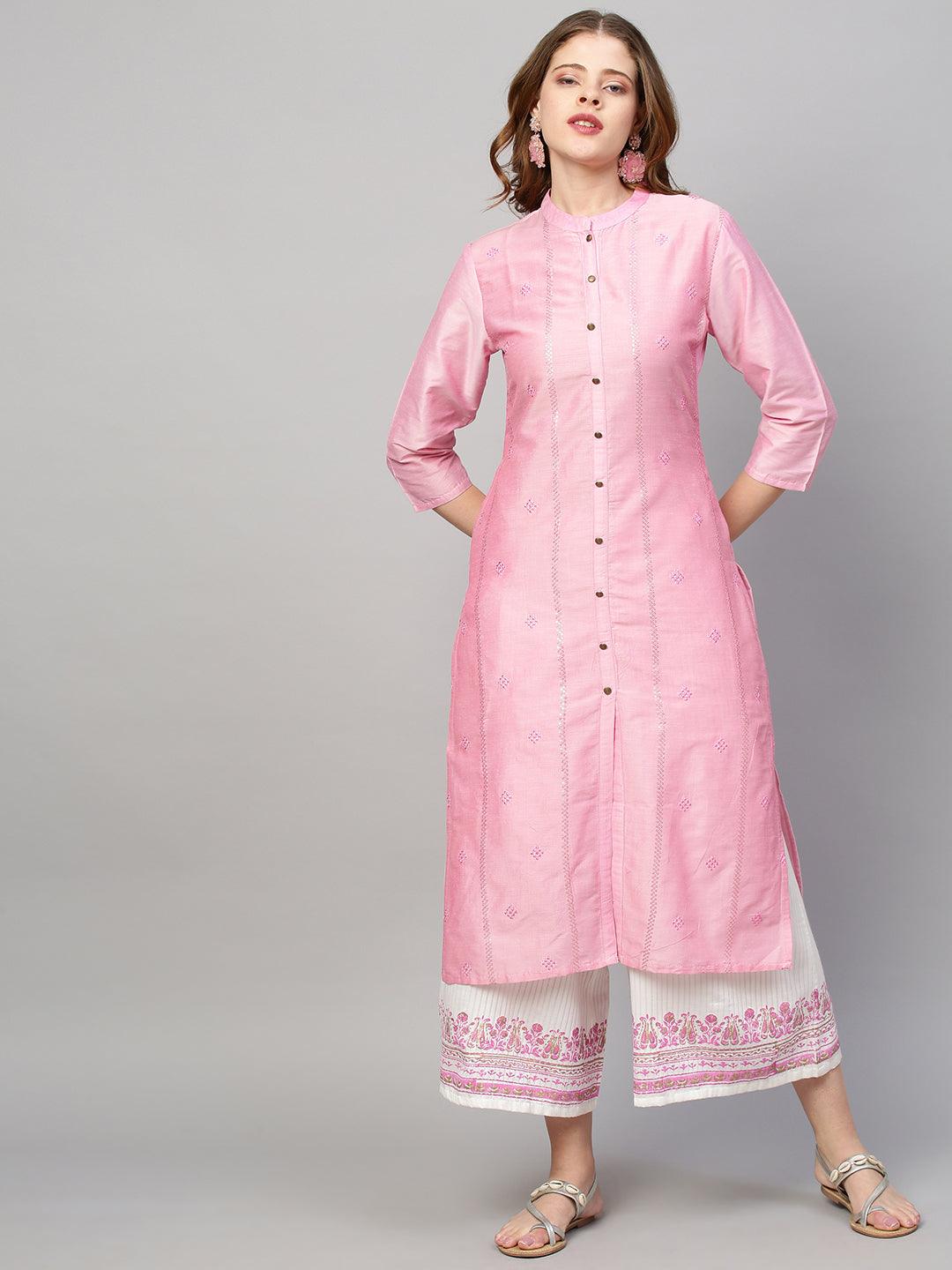 Sequin Embroidered Straight Kurta with Pants and Dupatta - Pink - Indiakreations