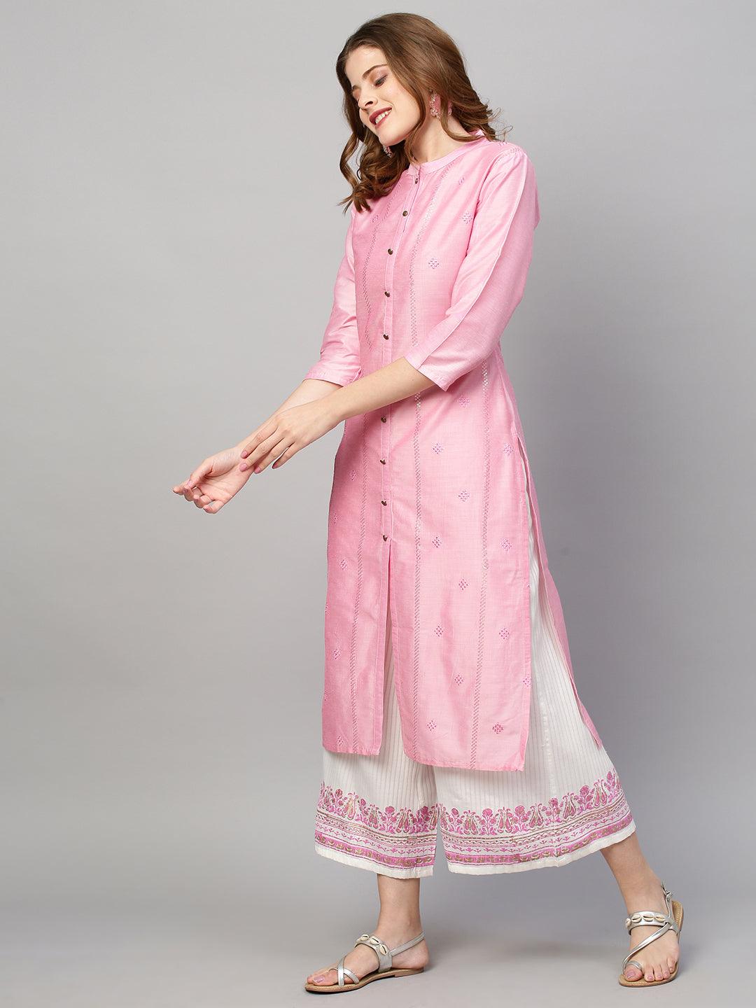 Sequin Embroidered Straight Kurta with Pants and Dupatta - Pink - Indiakreations