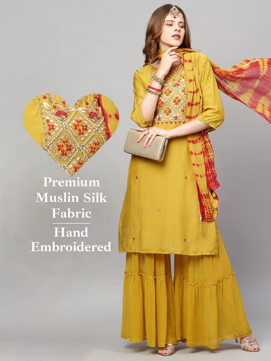 Hand Embroidered Straight Kurta with Sharara and Dupatta - Mustard - Indiakreations