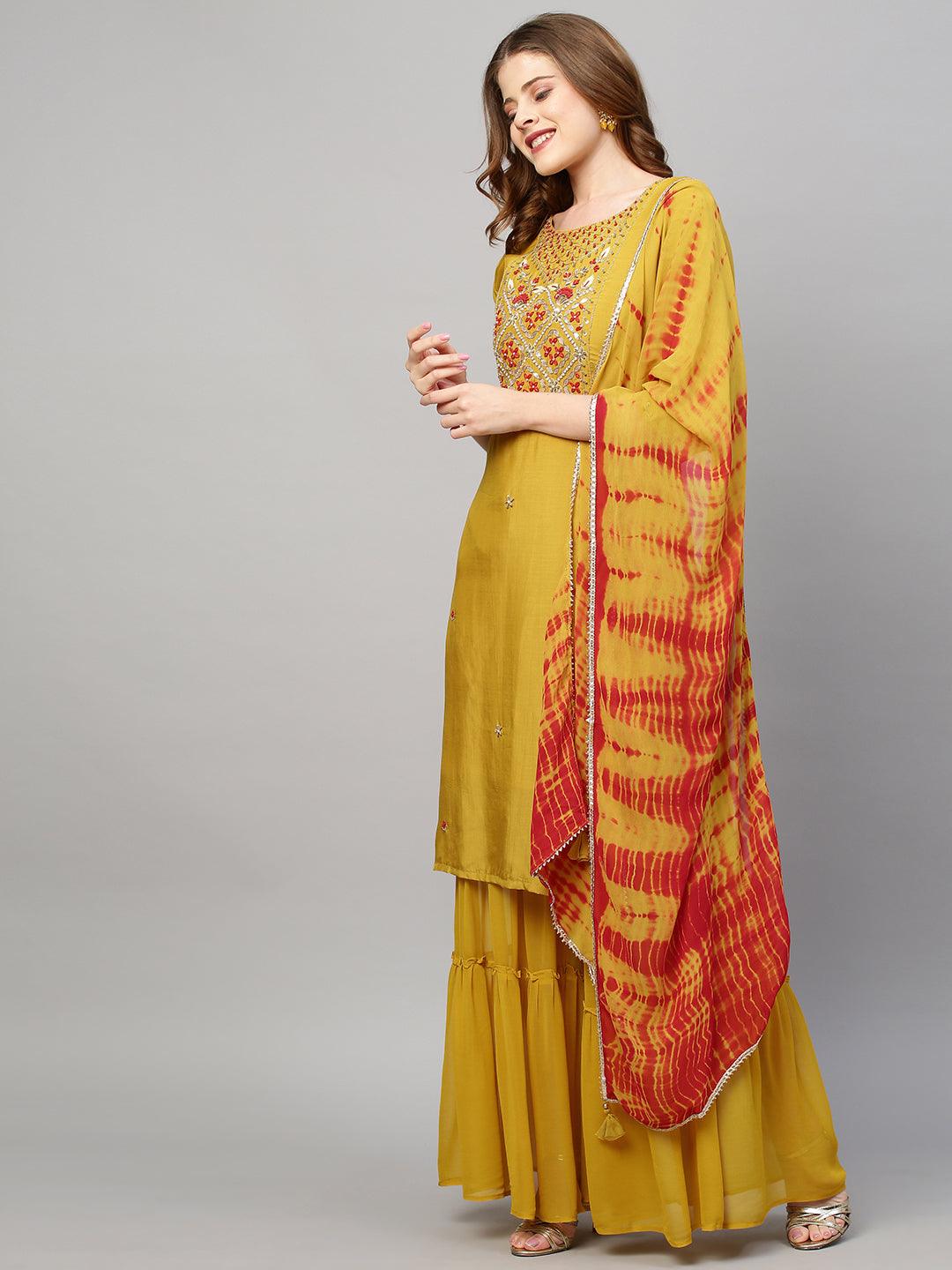 Hand Embroidered Straight Kurta with Sharara and Dupatta - Mustard - Indiakreations