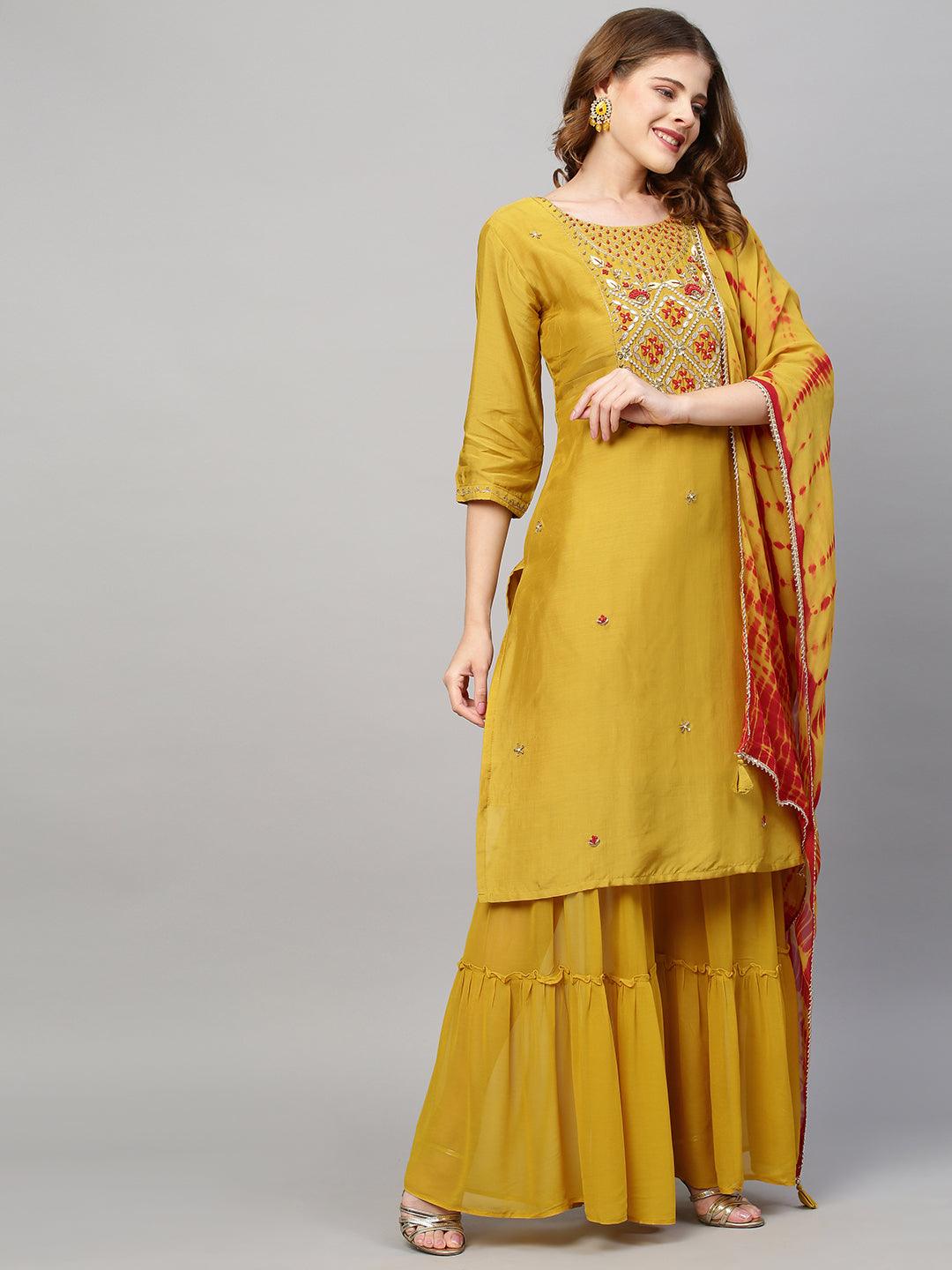 Hand Embroidered Straight Kurta with Sharara and Dupatta - Mustard - Indiakreations