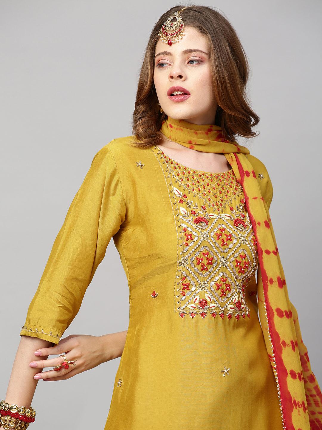 Hand Embroidered Straight Kurta with Sharara and Dupatta - Mustard - Indiakreations