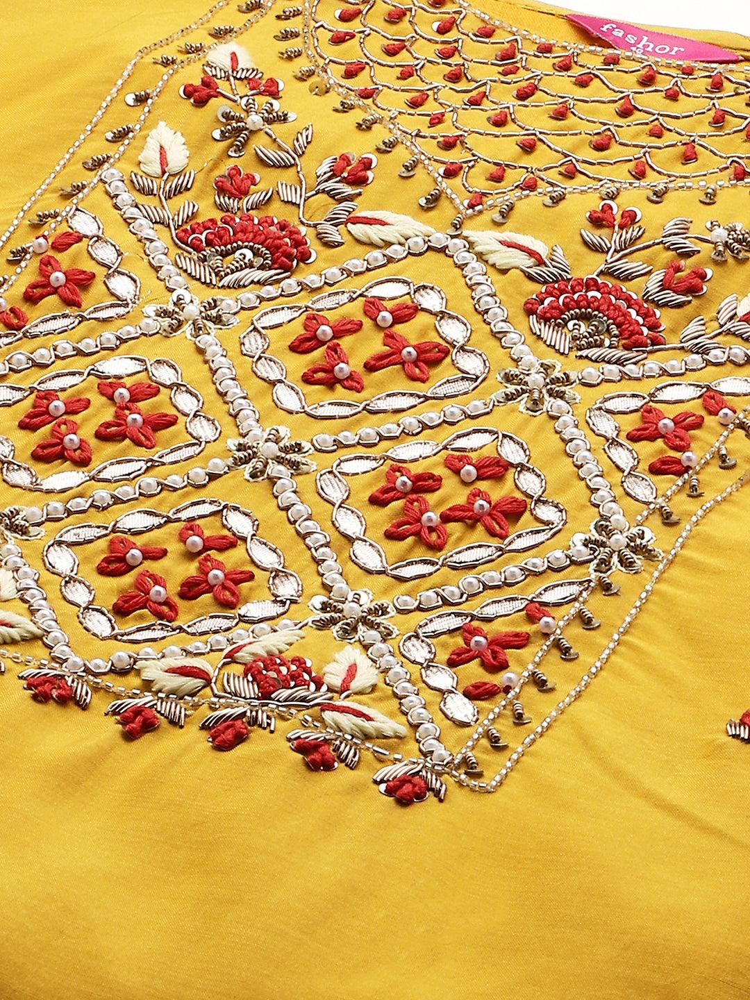 Hand Embroidered Straight Kurta with Sharara and Dupatta - Mustard - Indiakreations