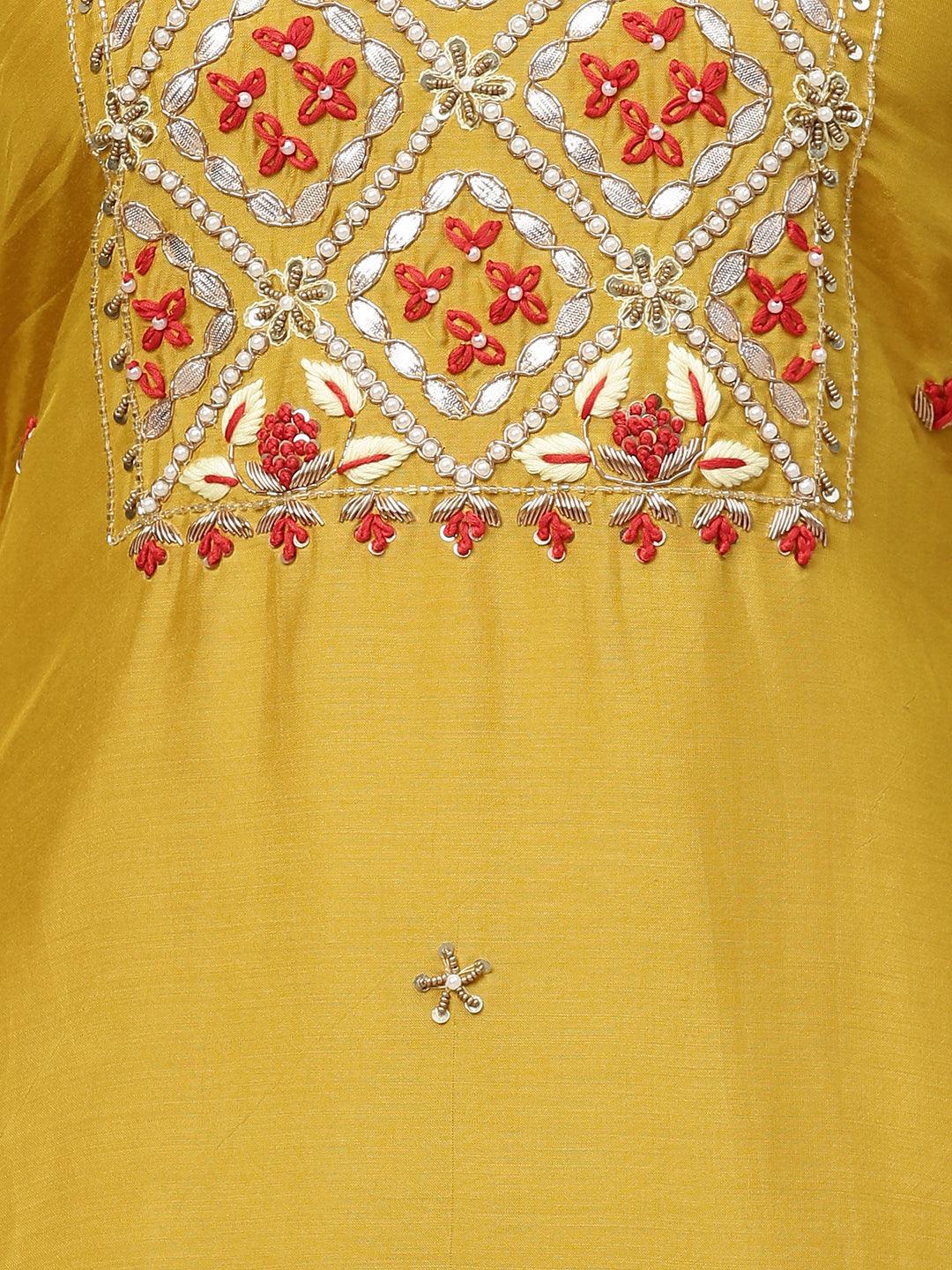 Hand Embroidered Straight Kurta with Sharara and Dupatta - Mustard - Indiakreations