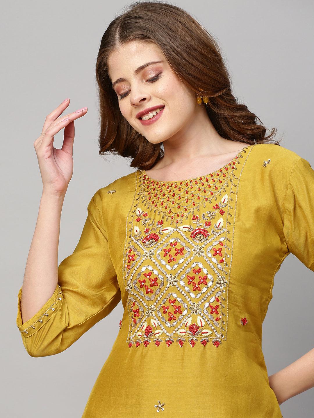 Hand Embroidered Straight Kurta with Sharara and Dupatta - Mustard - Indiakreations