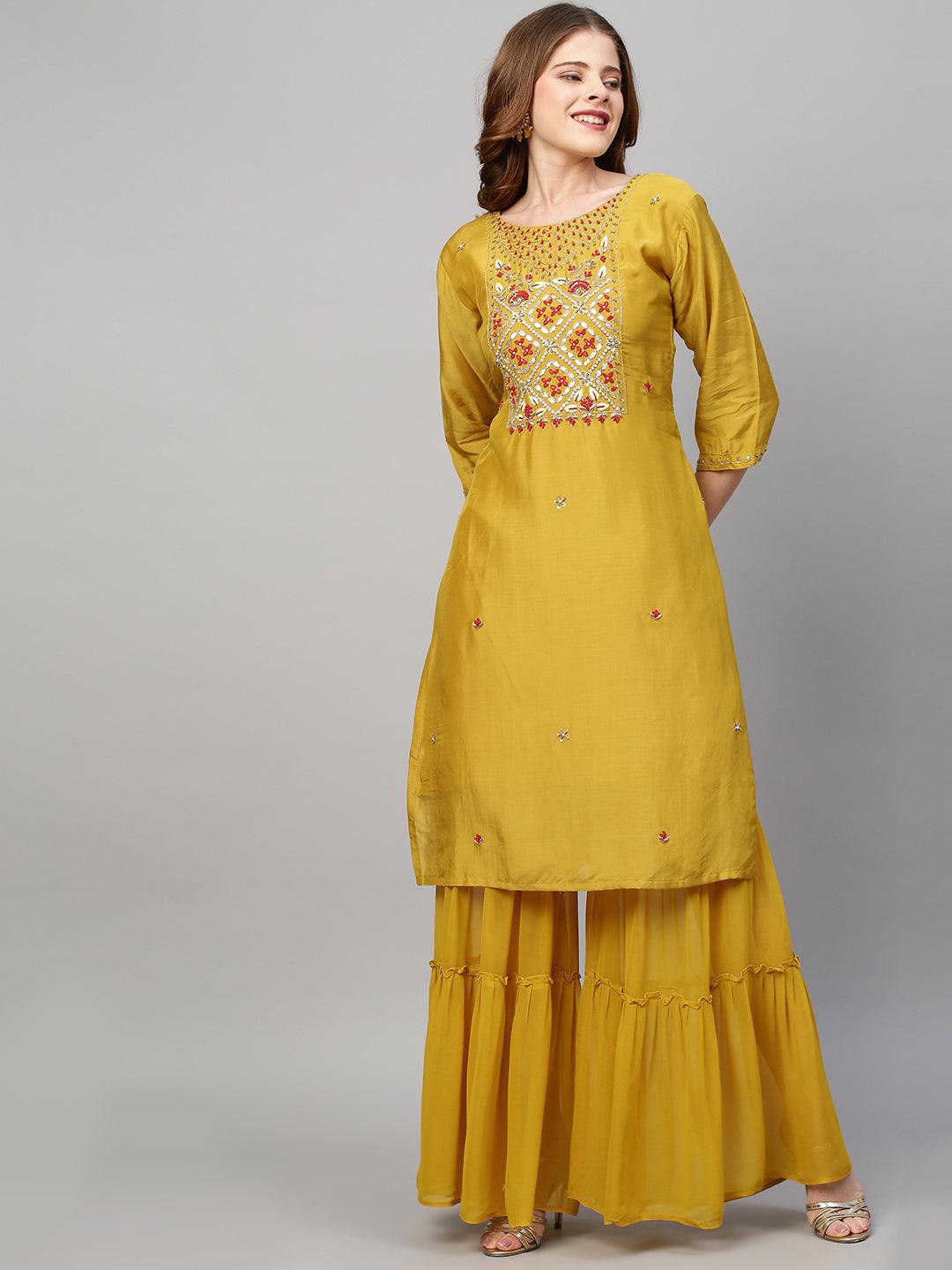 Hand Embroidered Straight Kurta with Sharara and Dupatta - Mustard - Indiakreations