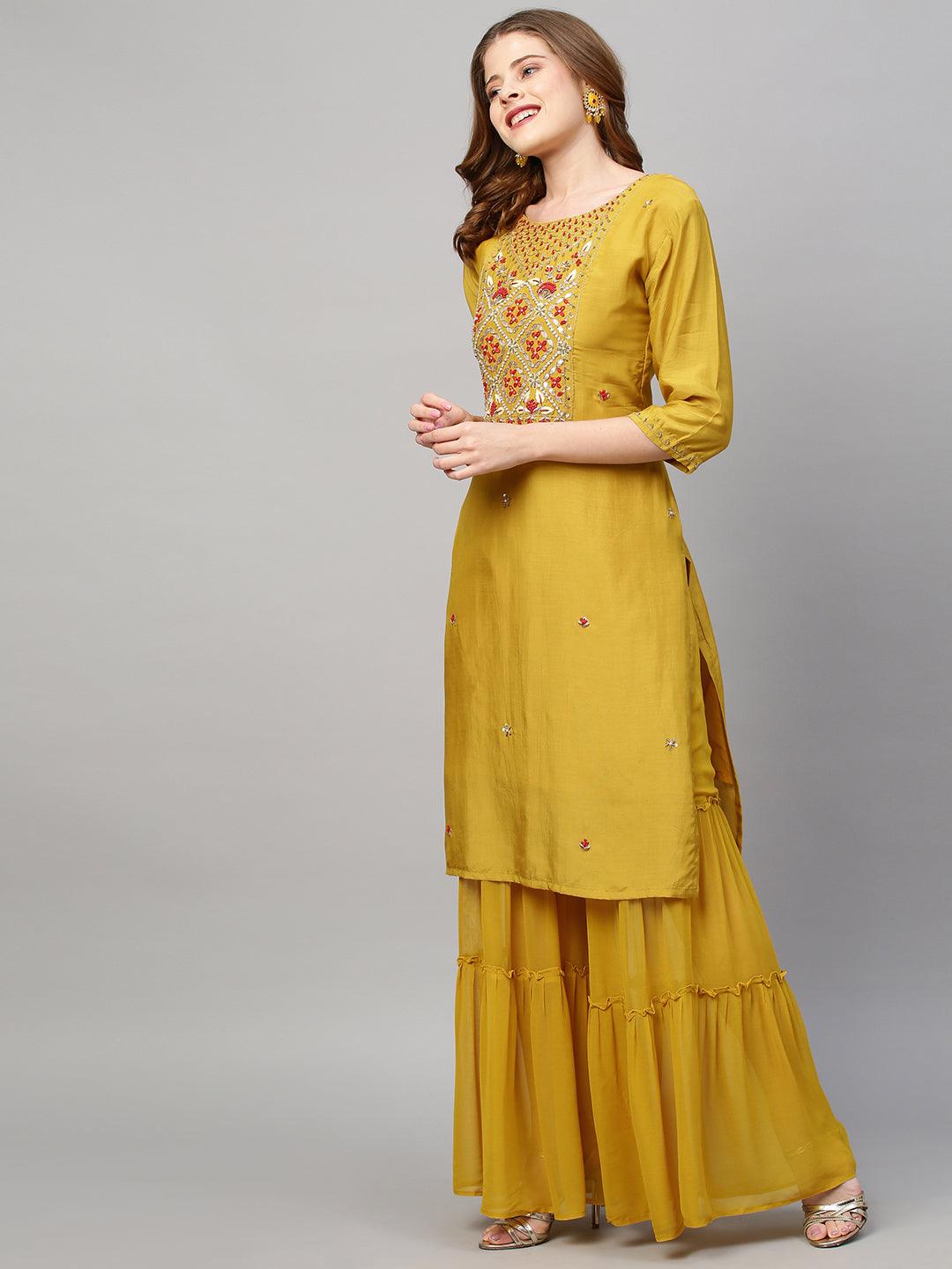 Hand Embroidered Straight Kurta with Sharara and Dupatta - Mustard - Indiakreations