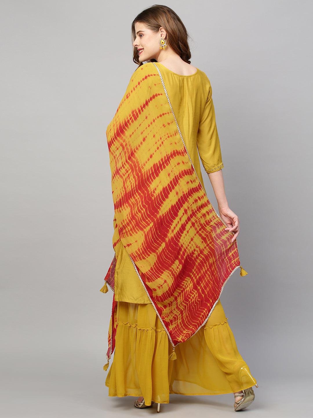 Hand Embroidered Straight Kurta with Sharara and Dupatta - Mustard - Indiakreations