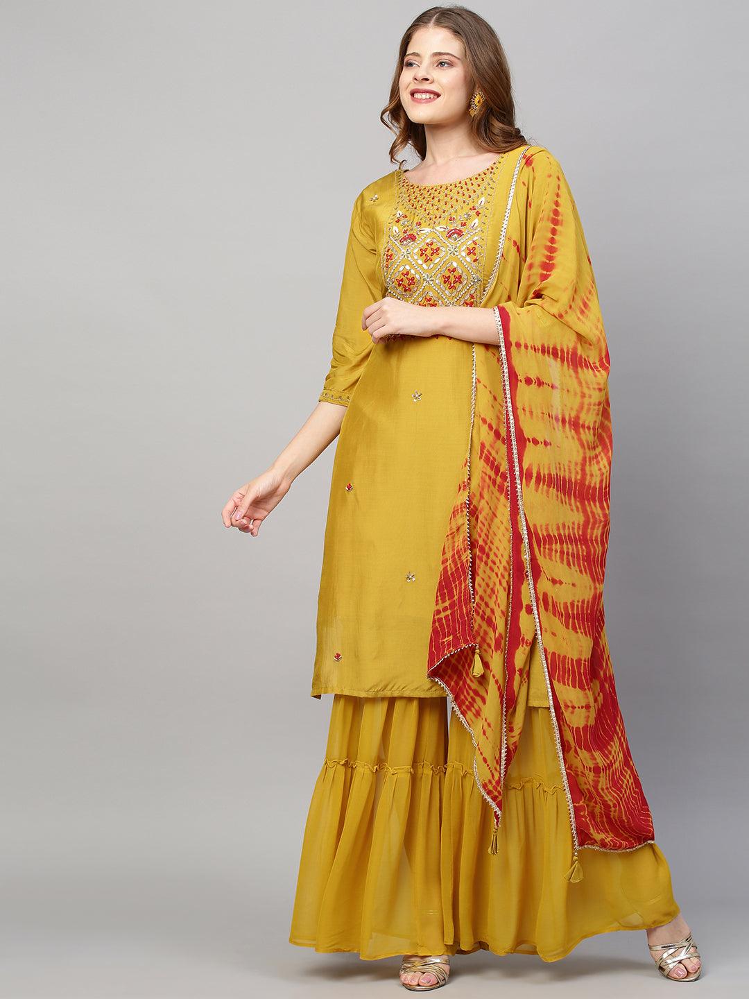 Hand Embroidered Straight Kurta with Sharara and Dupatta - Mustard - Indiakreations