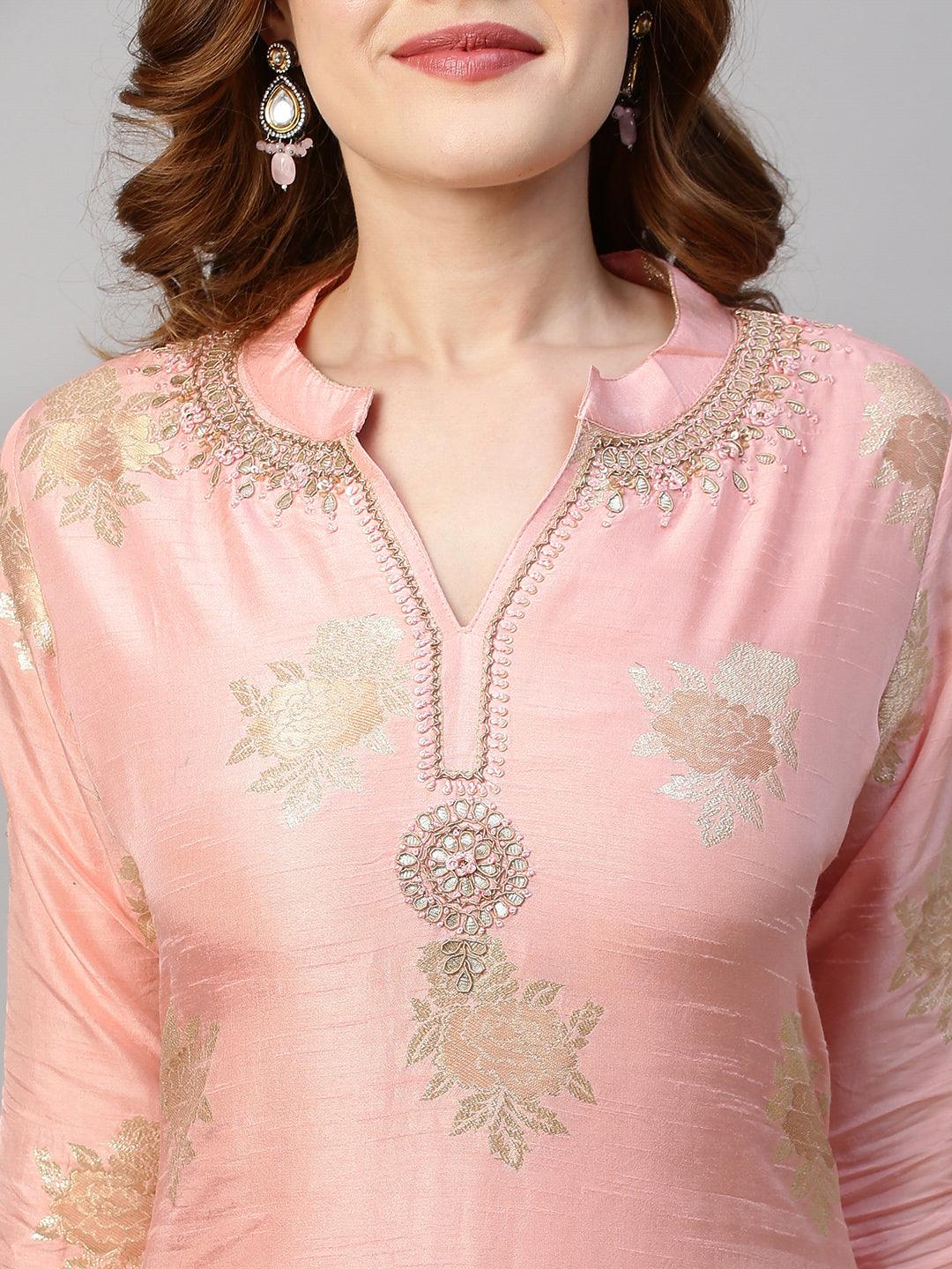 Floral & Hand Embroidered Kurta with Pants and Dupatta - Light Pink - Indiakreations