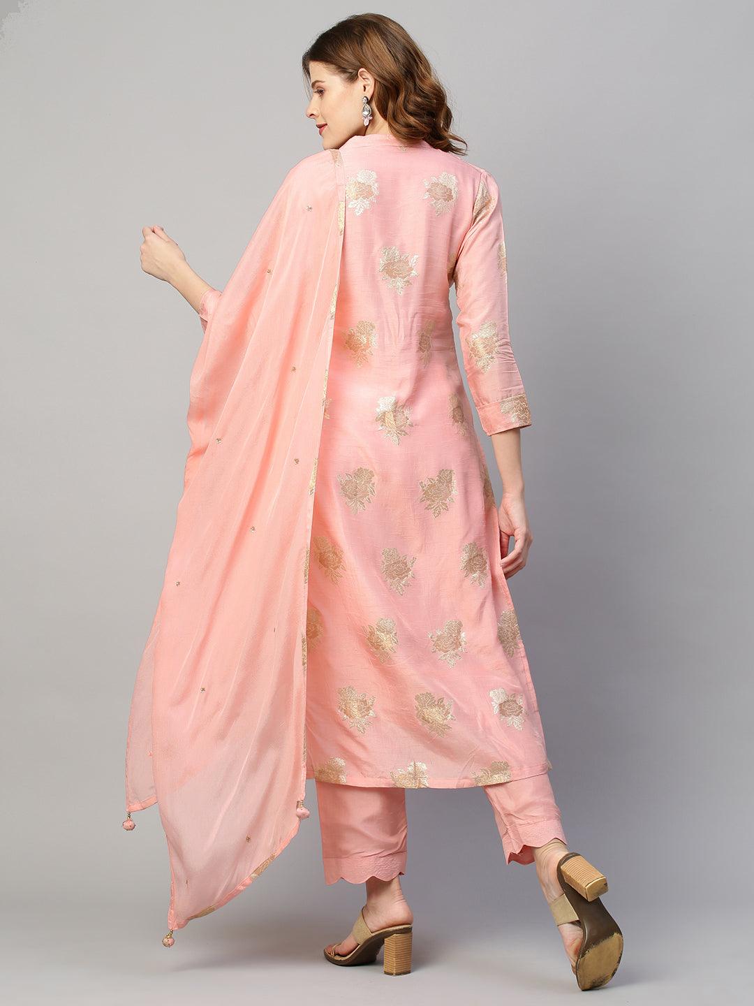 Floral & Hand Embroidered Kurta with Pants and Dupatta - Light Pink - Indiakreations