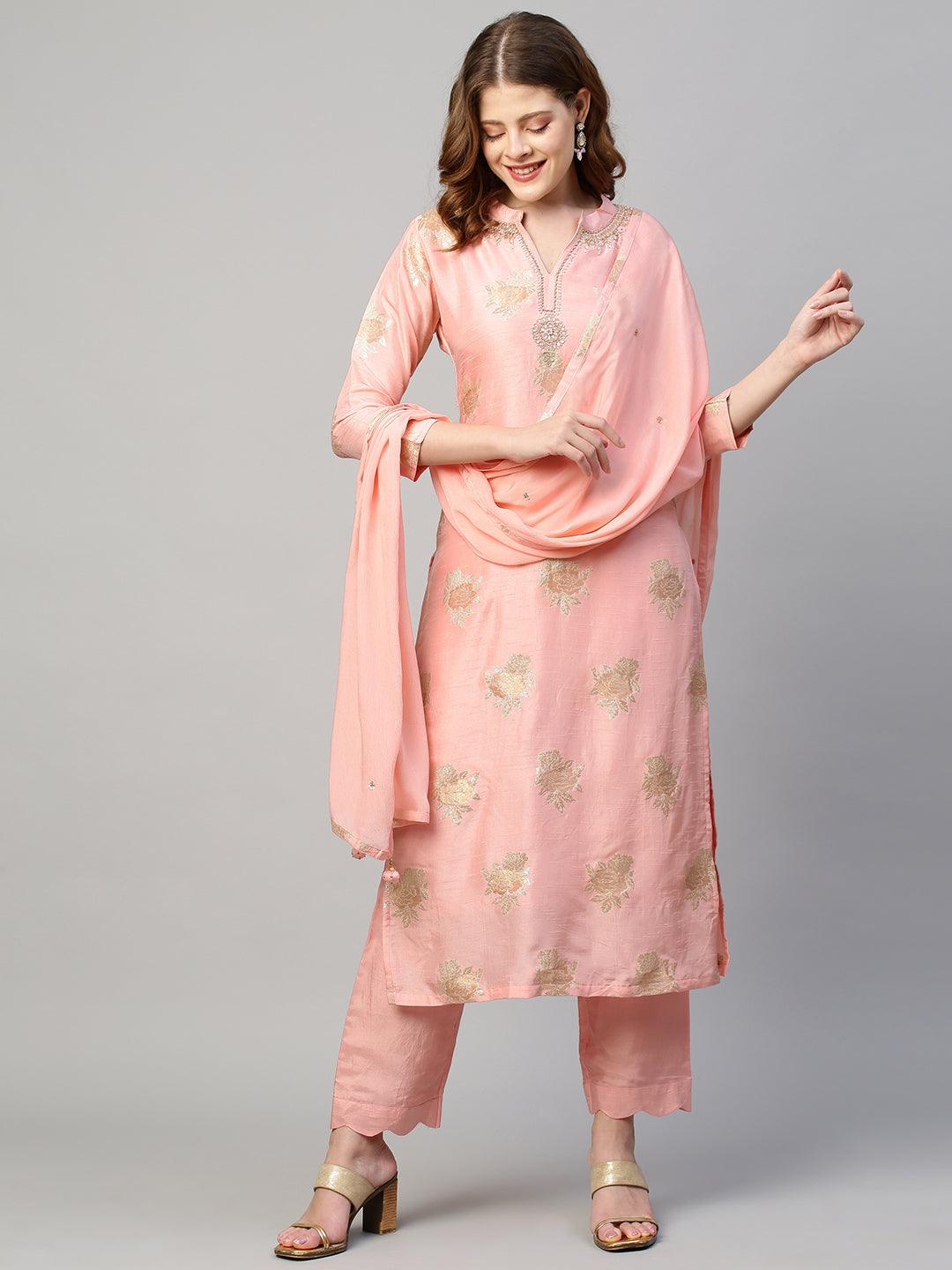 Floral & Hand Embroidered Kurta with Pants and Dupatta - Light Pink - Indiakreations