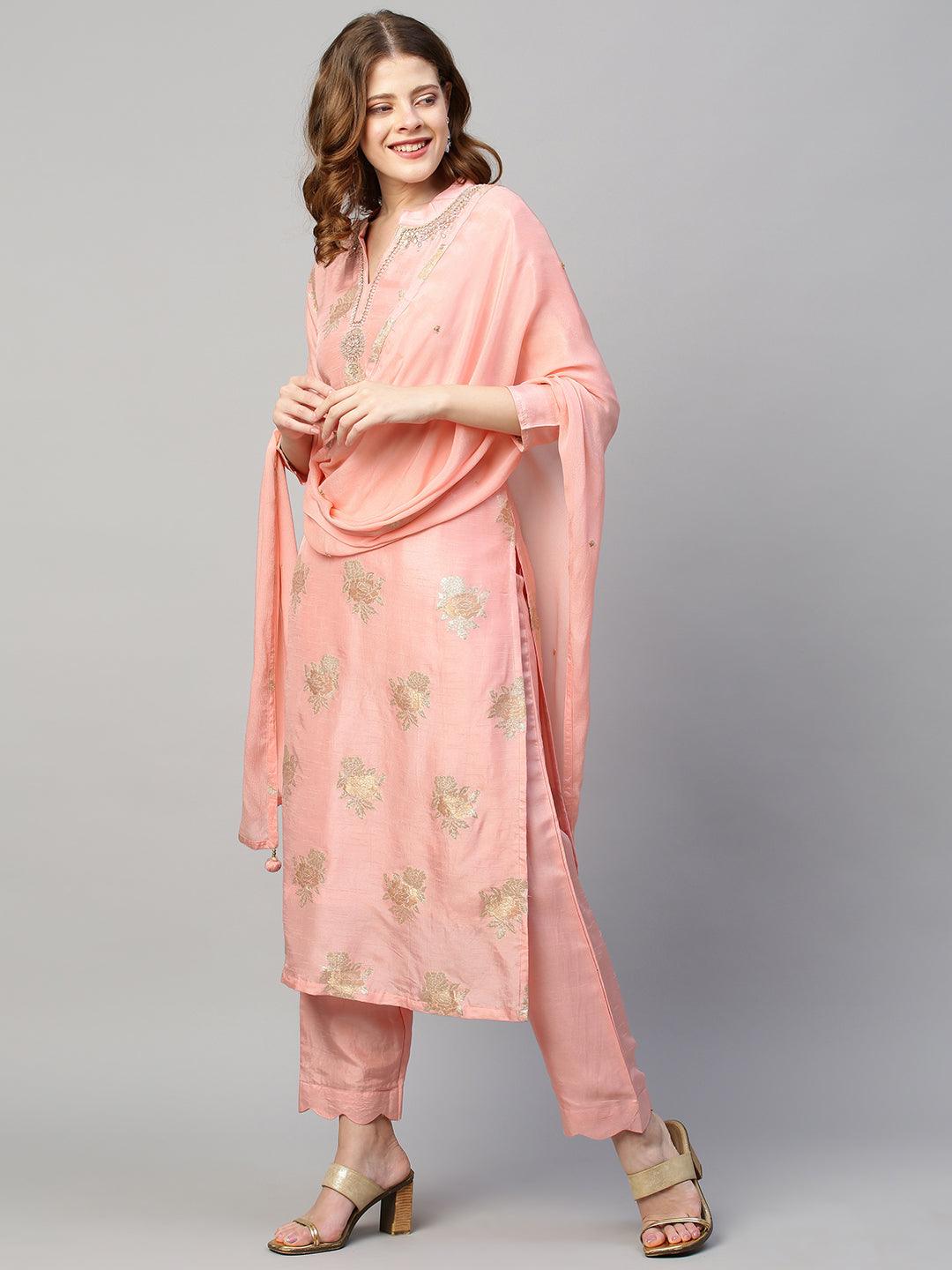 Floral & Hand Embroidered Kurta with Pants and Dupatta - Light Pink - Indiakreations