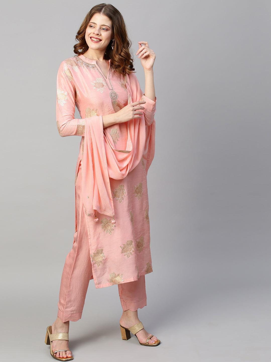 Floral & Hand Embroidered Kurta with Pants and Dupatta - Light Pink - Indiakreations