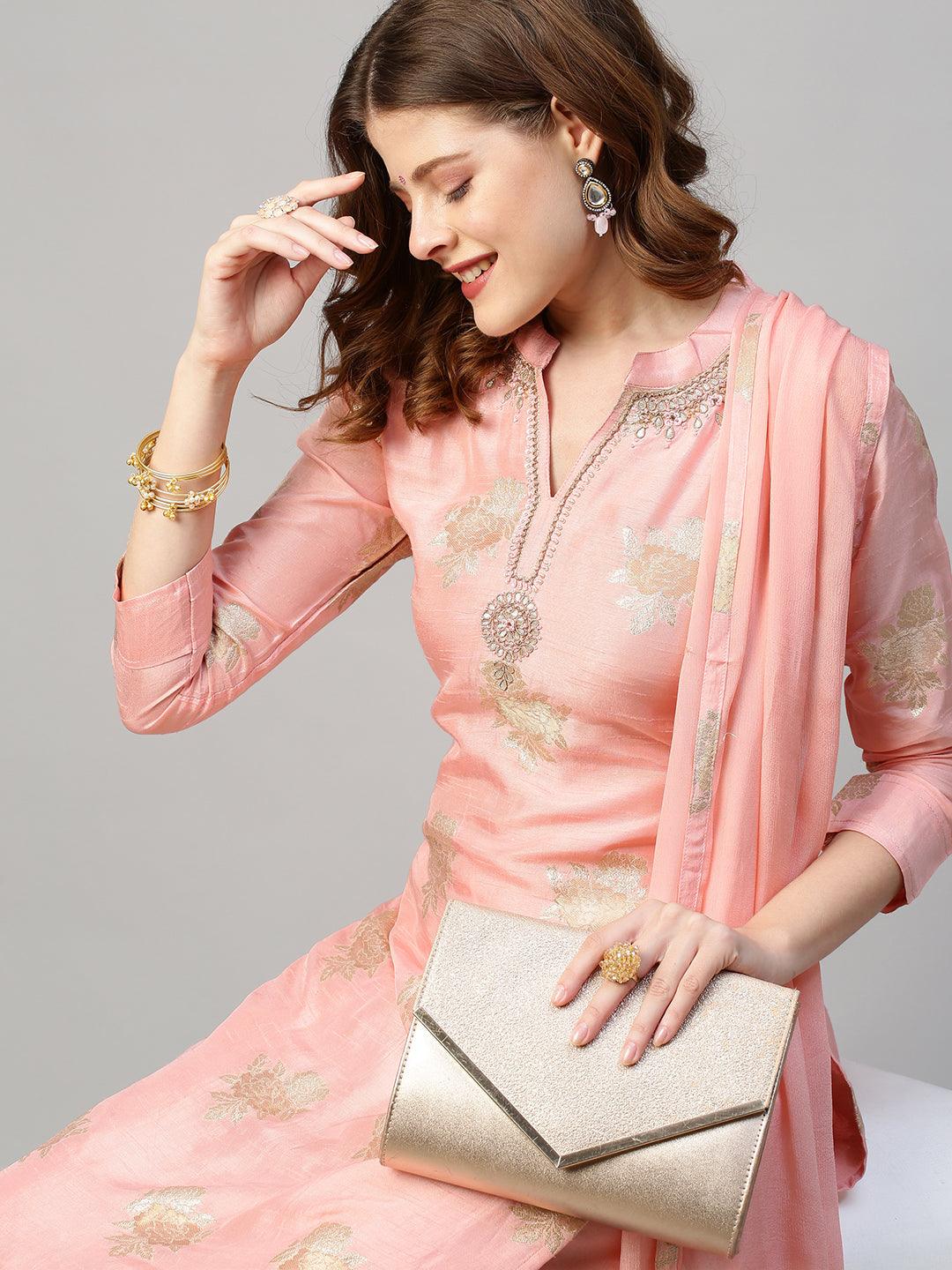 Floral & Hand Embroidered Kurta with Pants and Dupatta - Light Pink - Indiakreations