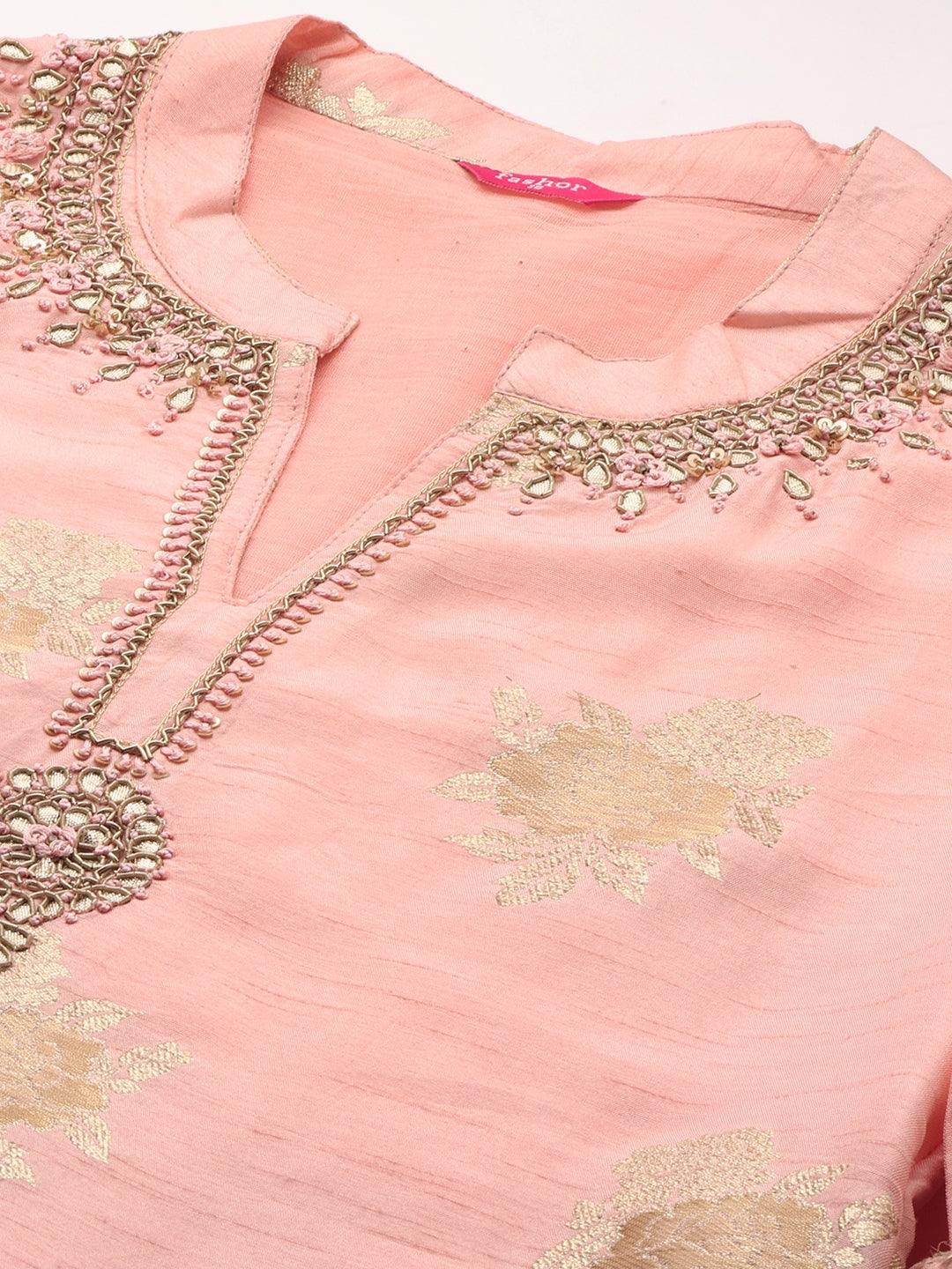 Floral & Hand Embroidered Kurta with Pants and Dupatta - Light Pink - Indiakreations