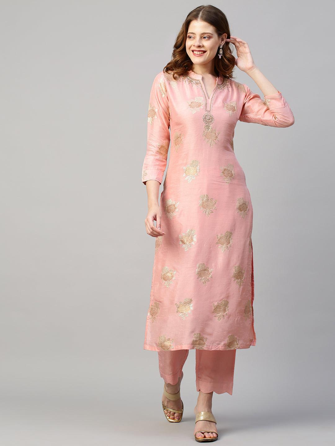 Floral & Hand Embroidered Kurta with Pants and Dupatta - Light Pink - Indiakreations