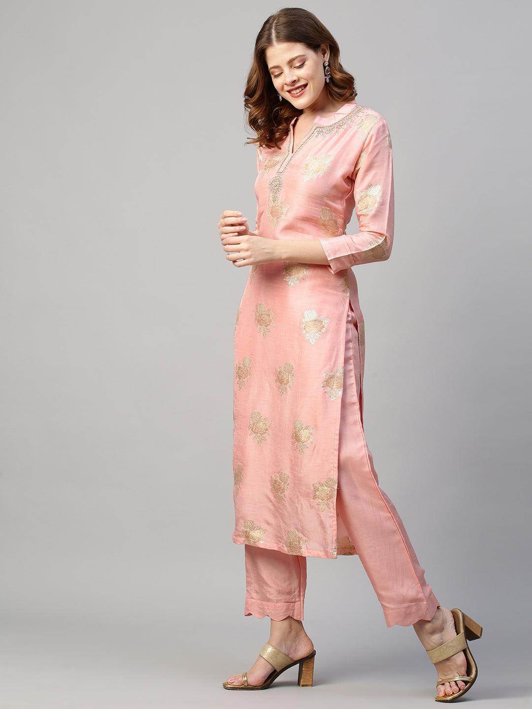 Floral & Hand Embroidered Kurta with Pants and Dupatta - Light Pink - Indiakreations