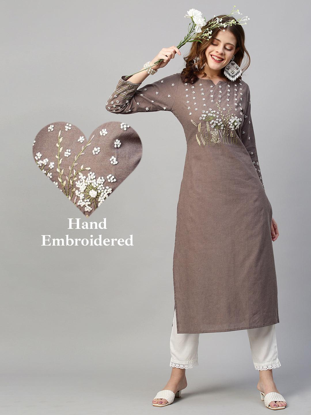 Floral Hand Embroidered Straight Fit Kurta - Pastel Brown - Indiakreations