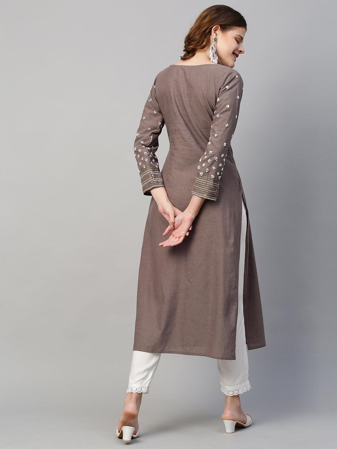 Floral Hand Embroidered Straight Fit Kurta - Pastel Brown - Indiakreations