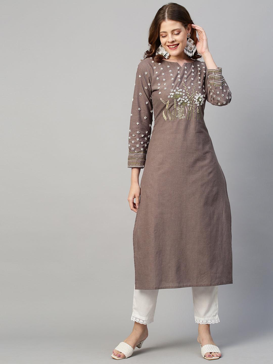 Floral Hand Embroidered Straight Fit Kurta - Pastel Brown - Indiakreations