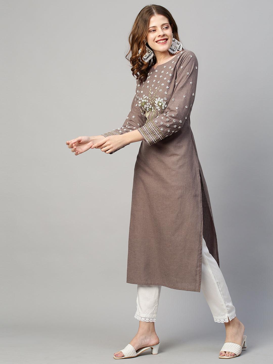 Floral Hand Embroidered Straight Fit Kurta - Pastel Brown - Indiakreations