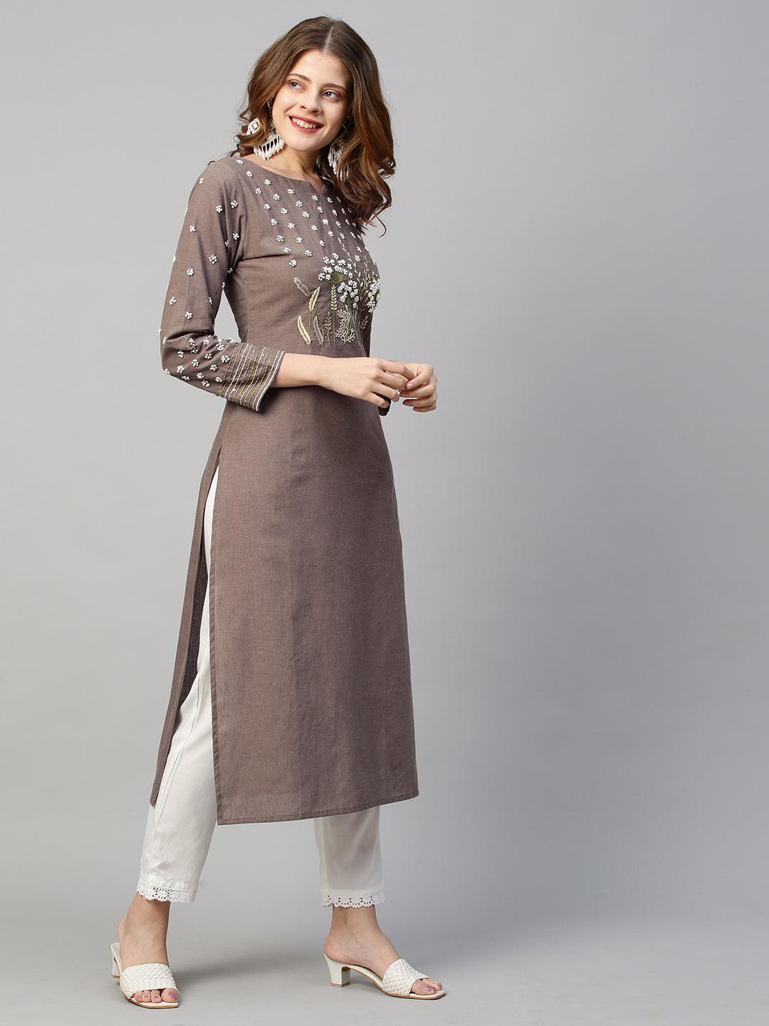 Floral Hand Embroidered Straight Fit Kurta - Pastel Brown - Indiakreations