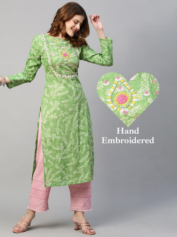 Ethnic Floral Printed & Hand Embroidered Straight Fit Kurta - Light Green - Indiakreations