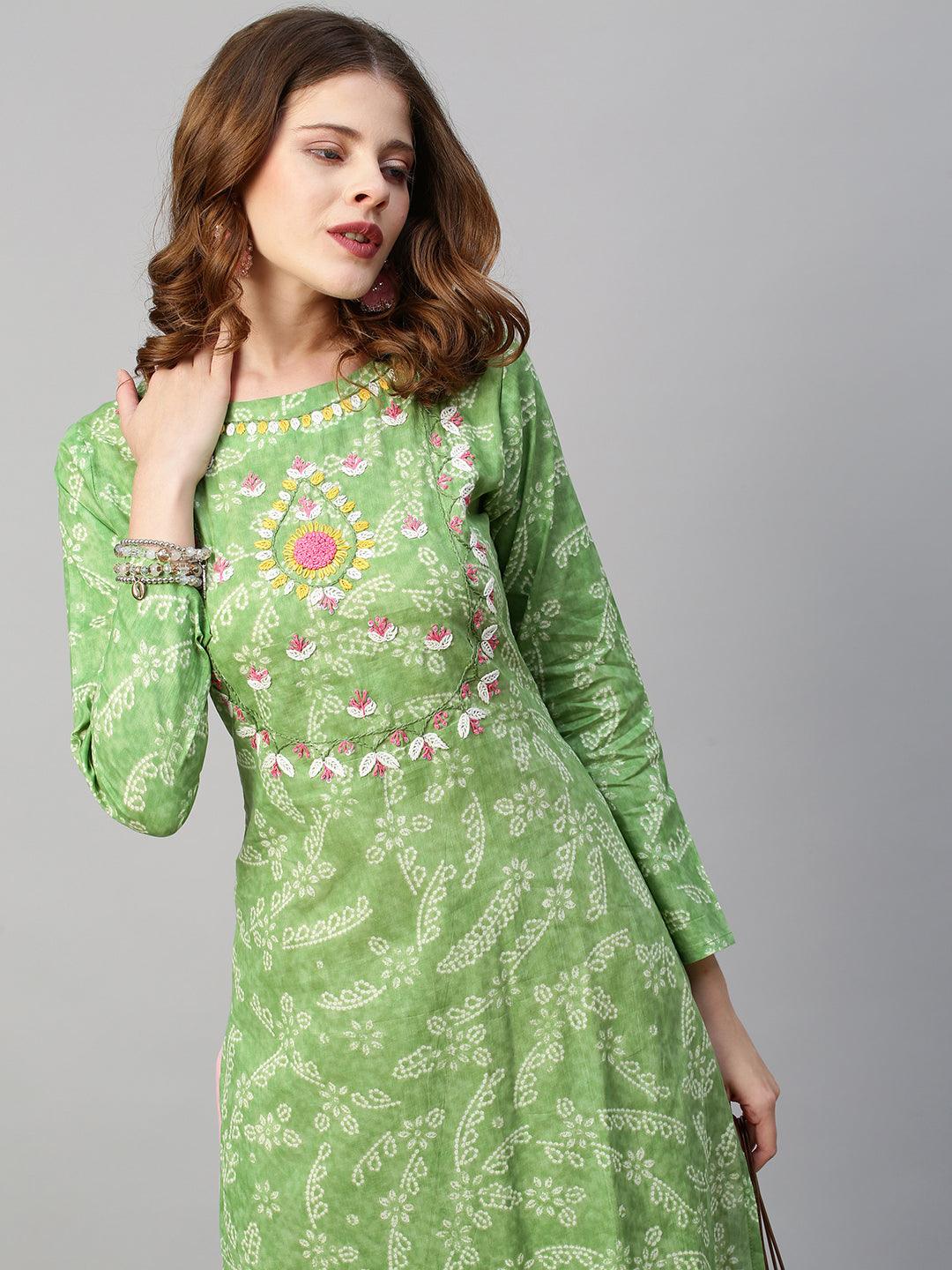 Ethnic Floral Printed & Hand Embroidered Straight Fit Kurta - Light Green - Indiakreations