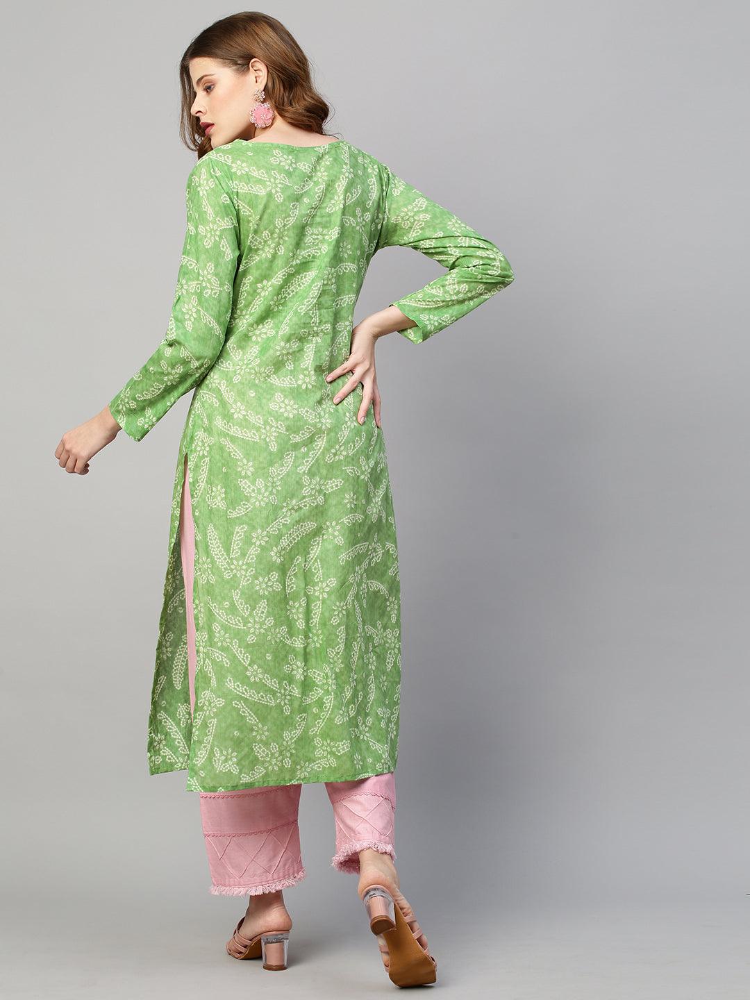 Ethnic Floral Printed & Hand Embroidered Straight Fit Kurta - Light Green - Indiakreations