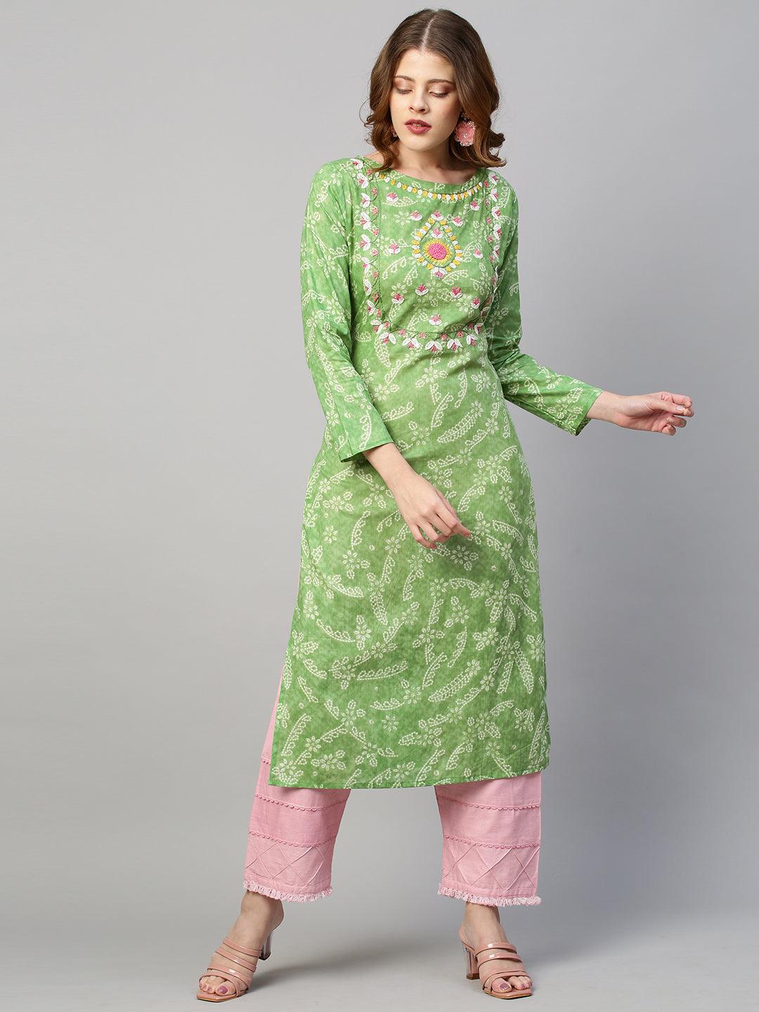 Ethnic Floral Printed & Hand Embroidered Straight Fit Kurta - Light Green - Indiakreations