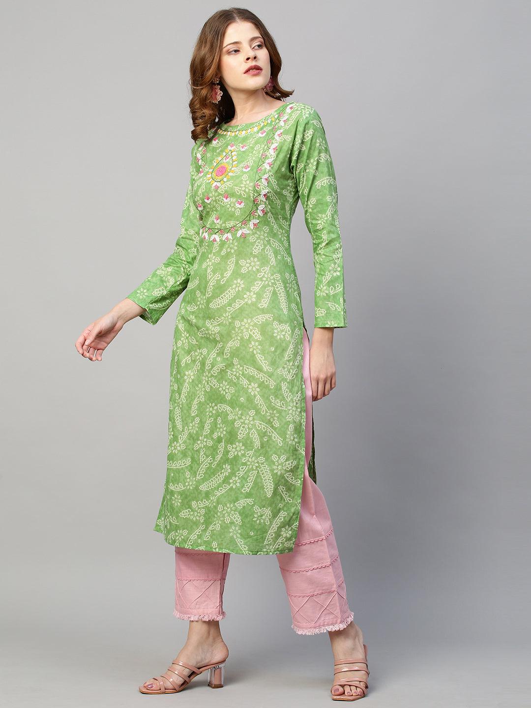 Ethnic Floral Printed & Hand Embroidered Straight Fit Kurta - Light Green - Indiakreations