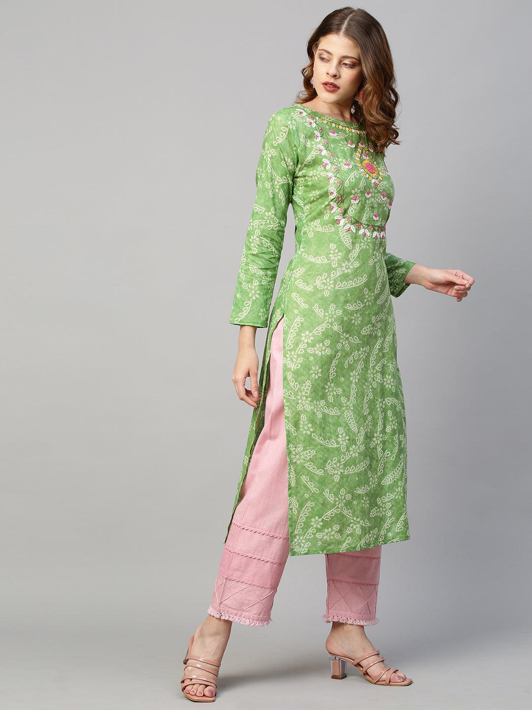 Ethnic Floral Printed & Hand Embroidered Straight Fit Kurta - Light Green - Indiakreations