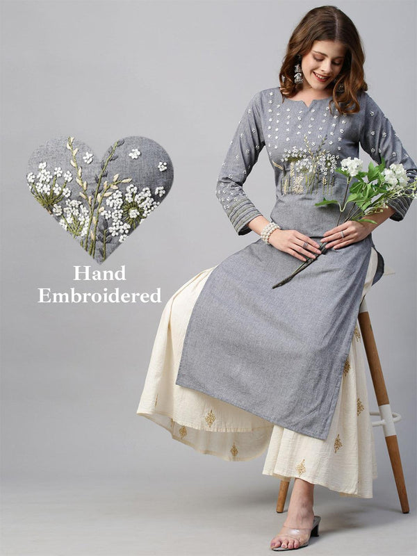 Floral Hand Embroidered Straight Fit Kurta - Gray - Indiakreations