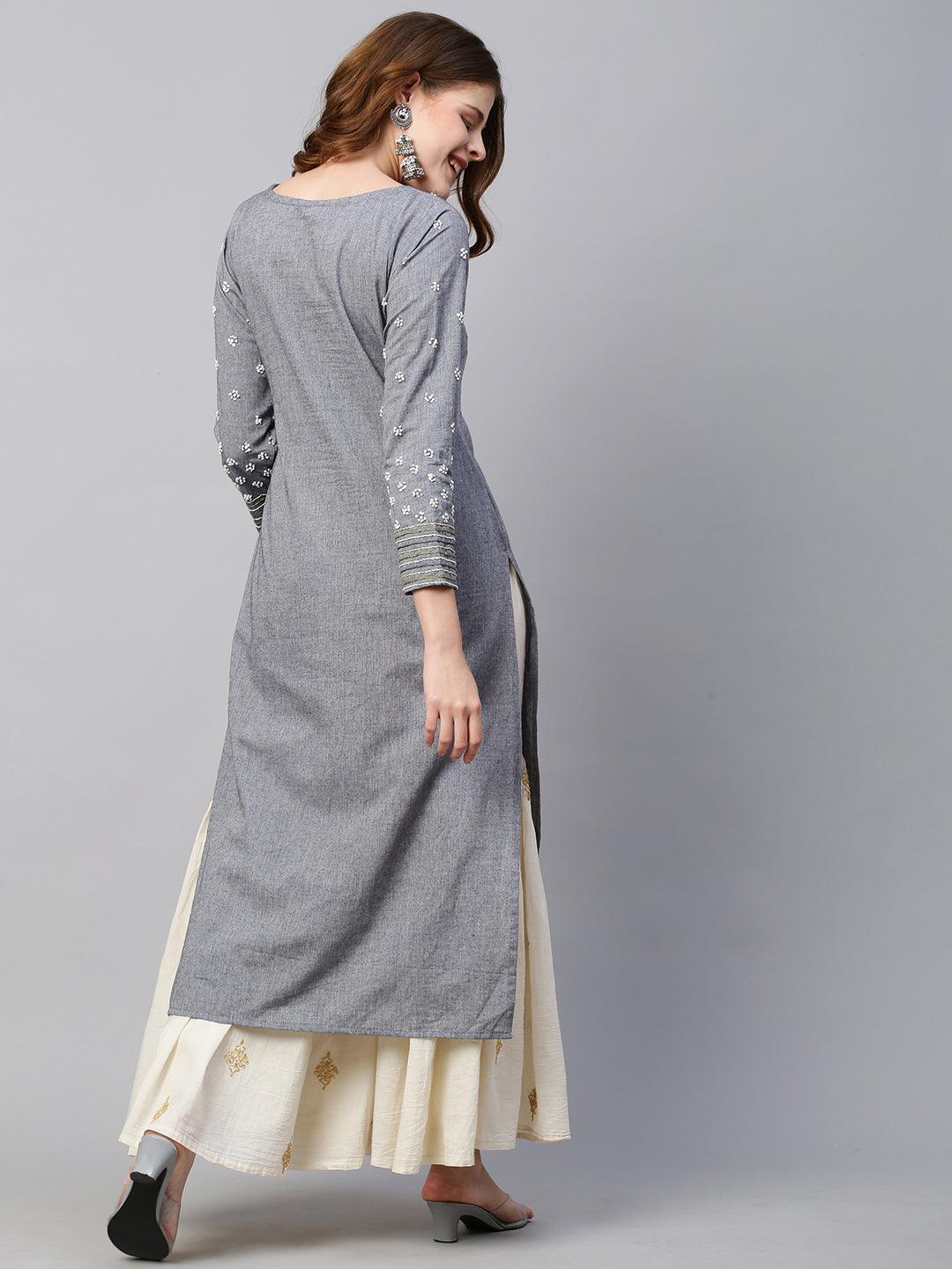 Floral Hand Embroidered Straight Fit Kurta - Gray - Indiakreations