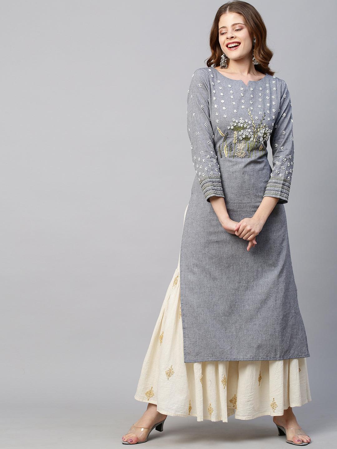 Floral Hand Embroidered Straight Fit Kurta - Gray - Indiakreations